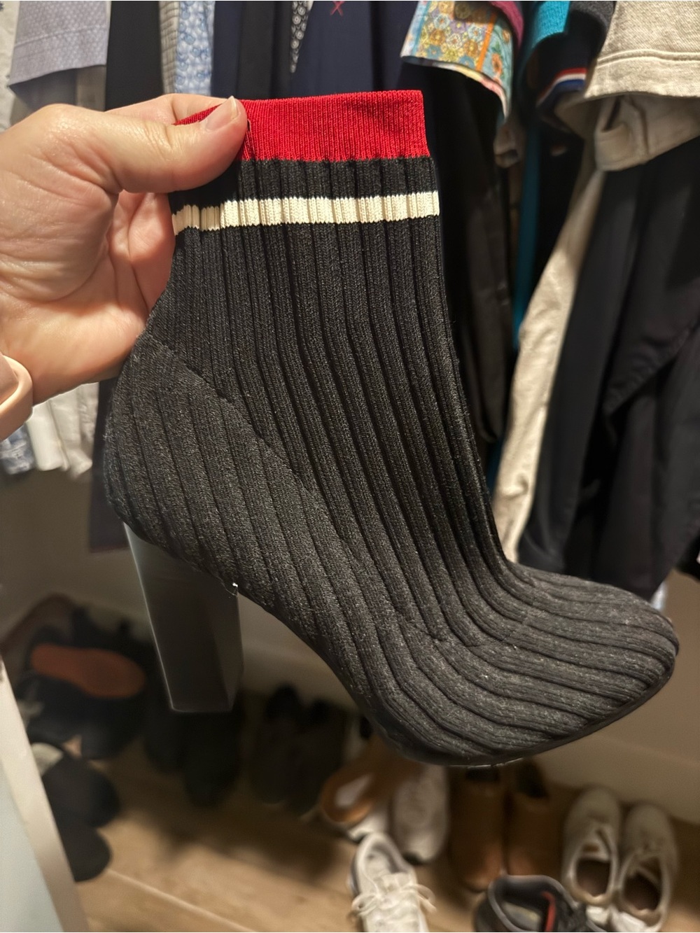 Calvin Klein Black Ribbed Sock Ankle Boot with Red Cuff and White Stripes